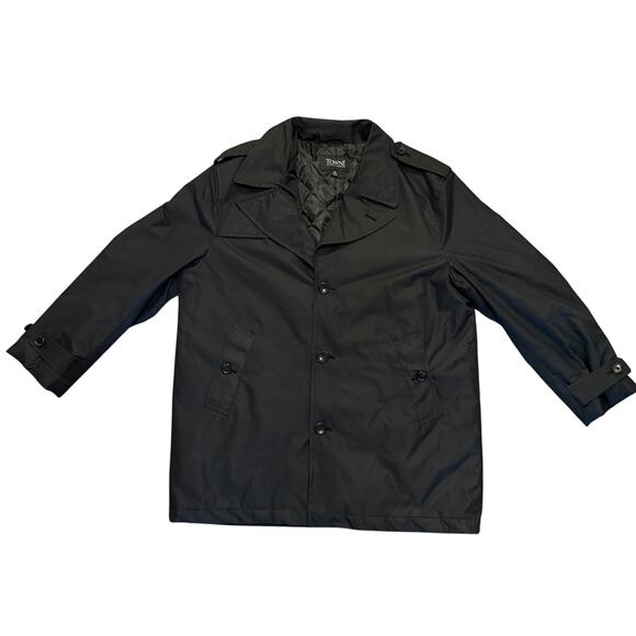 Towne by London Fog Black Trench Coat Jacket Quilted Lining Mens XL Mid Length - Picture 1 of 9